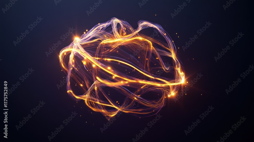 Poster abstract glowing sphere with swirling light trails and particles.