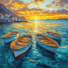 Vibrant Sunset Over Serene Ocean with Rowboats in Tranquil Waters Near Cozy Coastal Village and Mountains &acirc;&euro;&ldquo; Stunning Impressionist Seascape Art