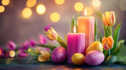 easter, holidays, tradition and object concept - burning candles in shape of eggs and tulip flowers...