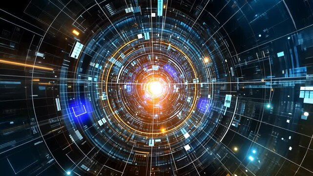 Bright light emerges from a circular digital structure in a futuristic technology landscape