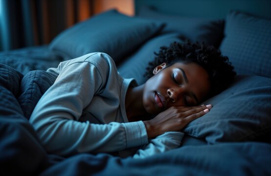 African American woman sleeps peacefully in cozy bedchamber. Serene scene in dark bedroom at night. Person wears comfortable nightwear. Relaxing scene shows rest, tranquility. Calm, healthy