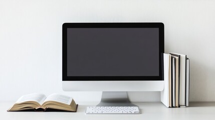 Fototapeta premium Modern workspace with computer, books, and keyboard on a white desk.