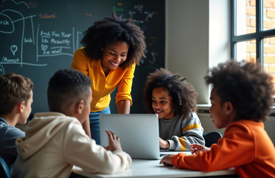 African American teacher instructs diverse group of children on computer program. Students, teacher actively involved in lesson. Classroom setting. Modern learning environment. Focus on technology