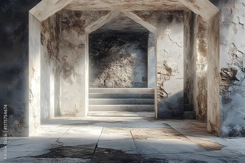 Poster stock photo features a realistic 3d rendering of an old stone building room with concrete elements, 