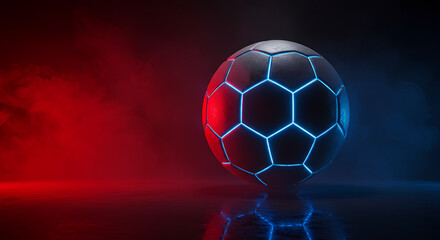 Fototapeta premium Futuristic Glowing Soccer Ball in Red Blue Smoke