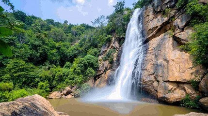 Obraz premium A scenic waterfall cascading into a serene pool surrounded by greenery.
