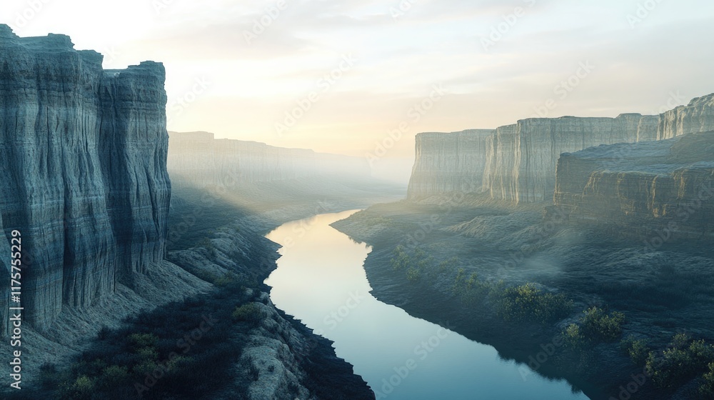 Poster 3d render of serene river winding through canyon with tall cliffs and soft light creating depth