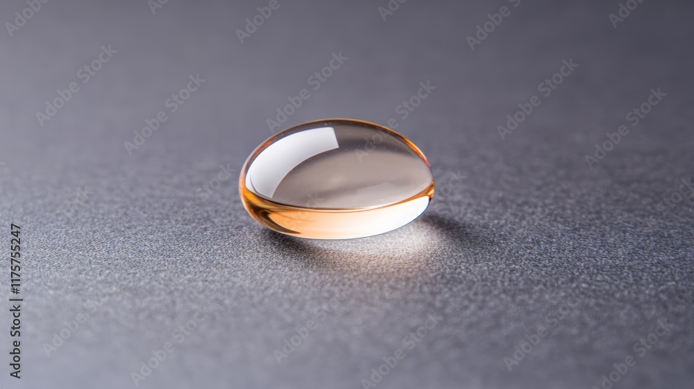Poster Close up of a translucent golden gel pill casting a subtle shadow on a textured grey surface, creating a contrast between the smooth, reflective surface of the pill and the matte background