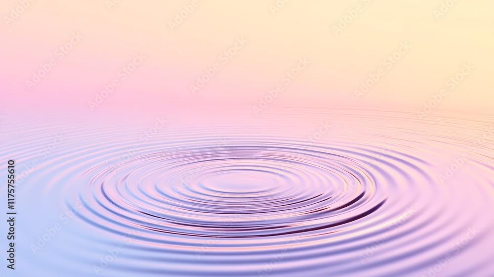 Poster Concentric rings expanding on a pastel water surface create a mesmerizing visual effect, ideal for tranquil and abstract backgrounds in design projects