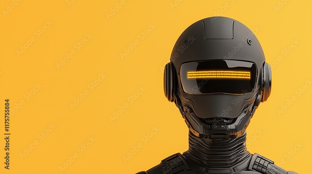 Poster a futuristic robot with a sleek design and glowing features stands against a vibrant yellow backgrou