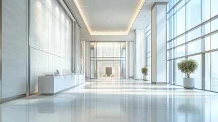 Blurred hotel or office building lobby blur background interior view toward reception hall, modern luxury white room space with blurry corridor and building glass wall window