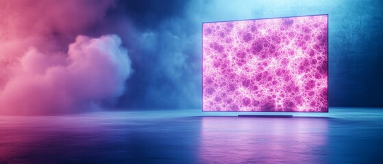 A glowing fractal display on minimalist screen, surrounded by colorful fog