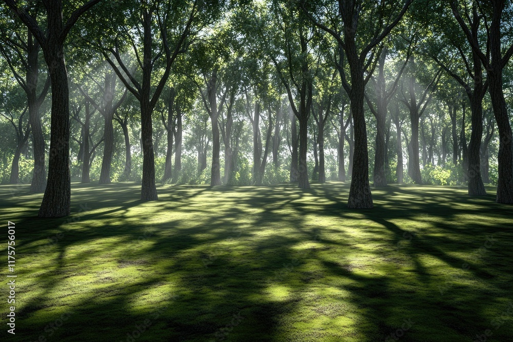 Aufkleber 3d render of tranquil forest with sunlight filtering through trees casting shadows on mossy ground