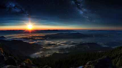 Fototapeta premium Sunrise Over Misty Mountains and City