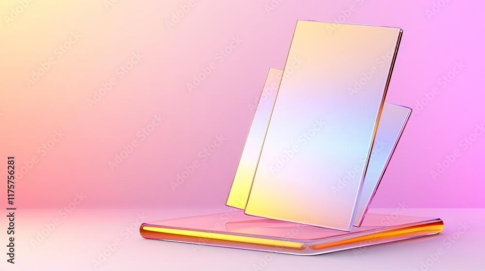 Poster abstract display of reflective surfaces on a gradient background.