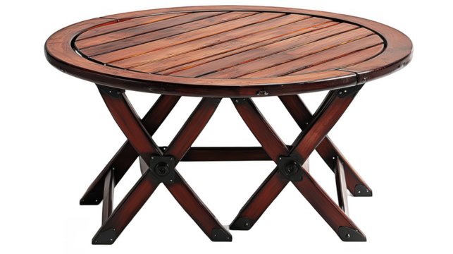Rustic wood table, round surface, crisscross legs, warm tones, sturdy design for stylish indoor or outdoor use Isolated on white background or PNG