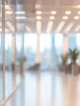 Beautiful blurred background of a light modern office interior with panoramic windows and beautiful lighting, ofiice blured background.