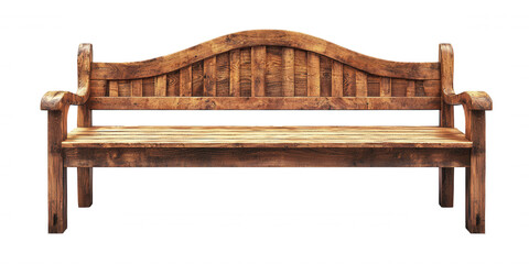 Wooden bench, rustic design, curved backrest, sturdy armrests, ideal for garden or patio, natural finish. Isolated on white background or PNG