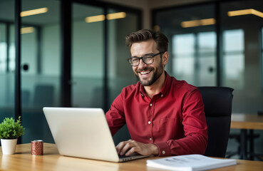 Happy businessman working on laptop in office. Man smiling and typing on computer. Success and satisfaction evident. He is in an office interior. Indoor setting. Modern tech tools. Corporate setting.
