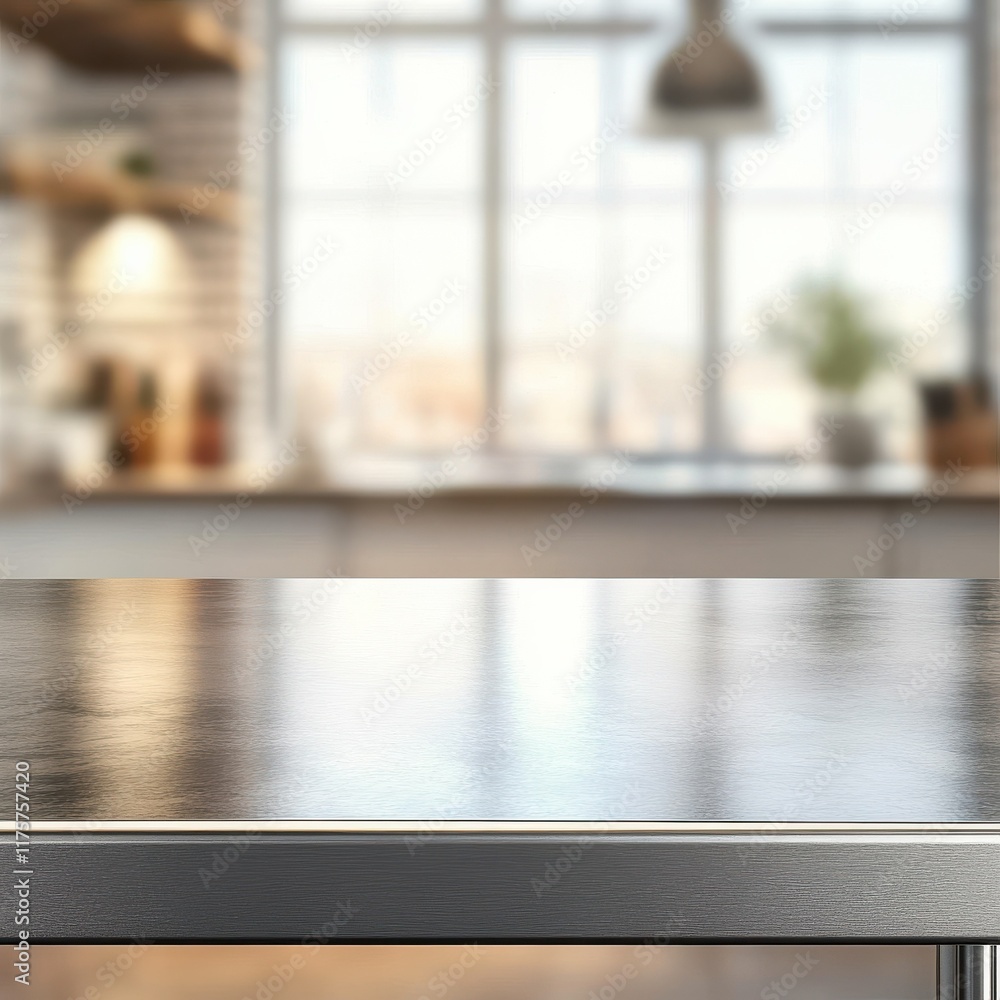 Poster steel table top with blurred empty kitchen background can be used for mocking up or display product 
