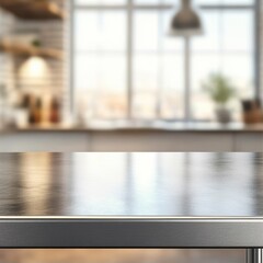 Fototapeta premium Steel table top with blurred empty kitchen background can be used for mocking up or display product to make advertising