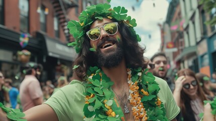 A diverse group of friends, including a man from the Middle East, joyfully celebrates St. Patrick's Day outdoors