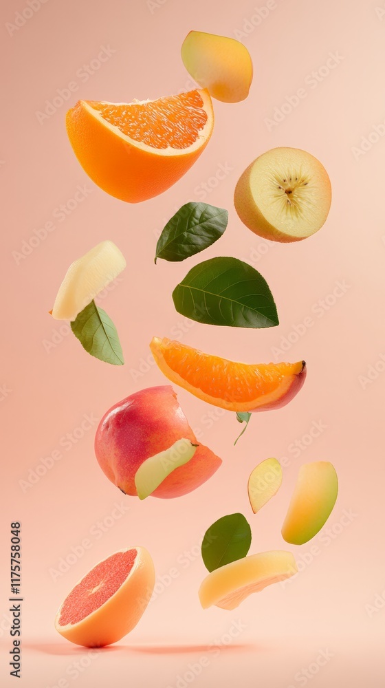 Poster slices of orange, grapefruit, apple, and leaves are levitating against a vibrant pink backdrop, crea