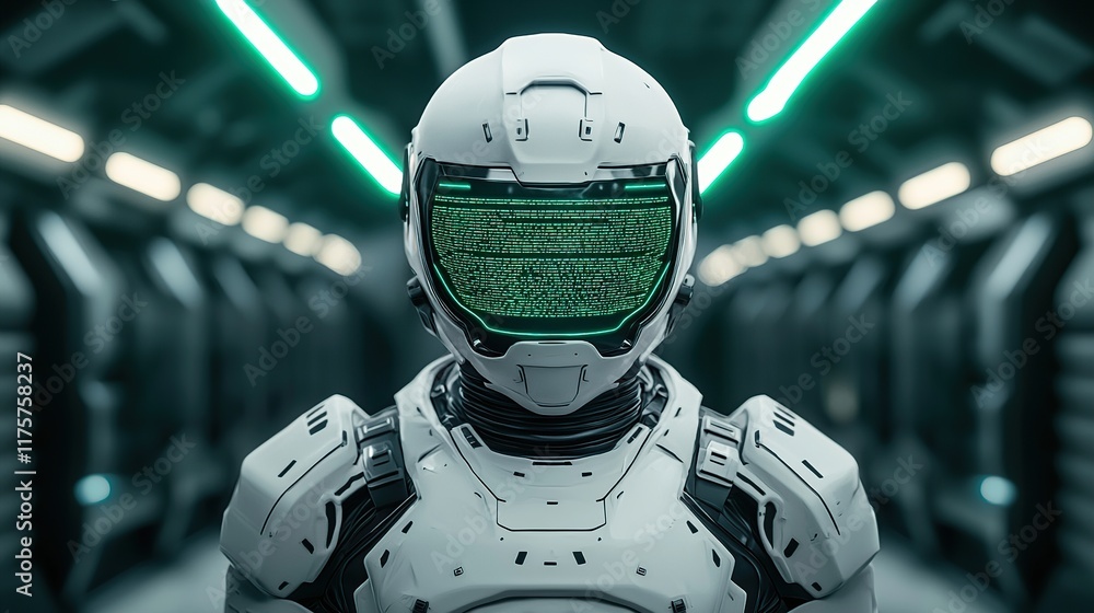 Poster a futuristic robotic figure stands in a high-tech corridor, featuring a sleek helmet with a digital 