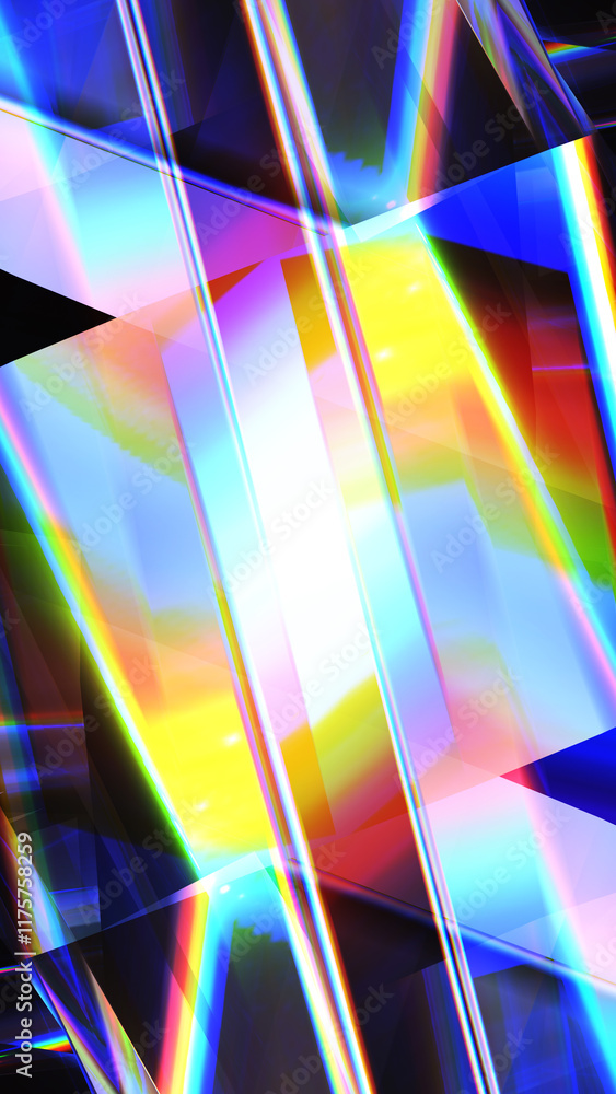 Poster abstract, iridescent, geometric pattern with intersecting lines and vibrant colors