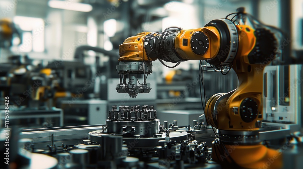 Poster industrial robotic arm in a factory setting: advanced automation and manufacturing technology