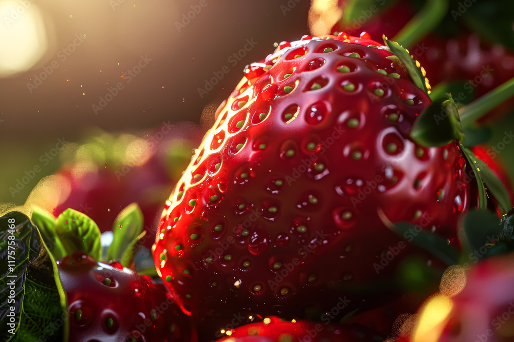 Poster close up of a red strawberry with a few other strawberries in the background