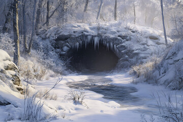 Glacial Sanctuary: The Silent Beauty of a Snow-Covered Cave with Glistening Icicles