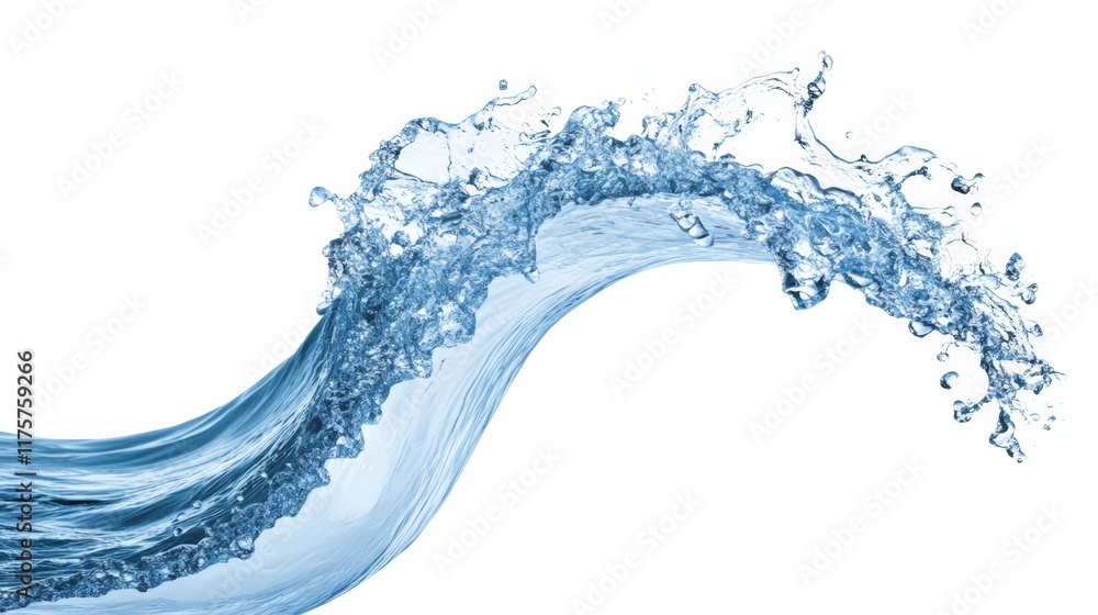 Poster Clean water waves splashing and creating droplets against a white background, conveying concepts of purity, freshness, and the beauty of nature in an elegant and dynamic way
