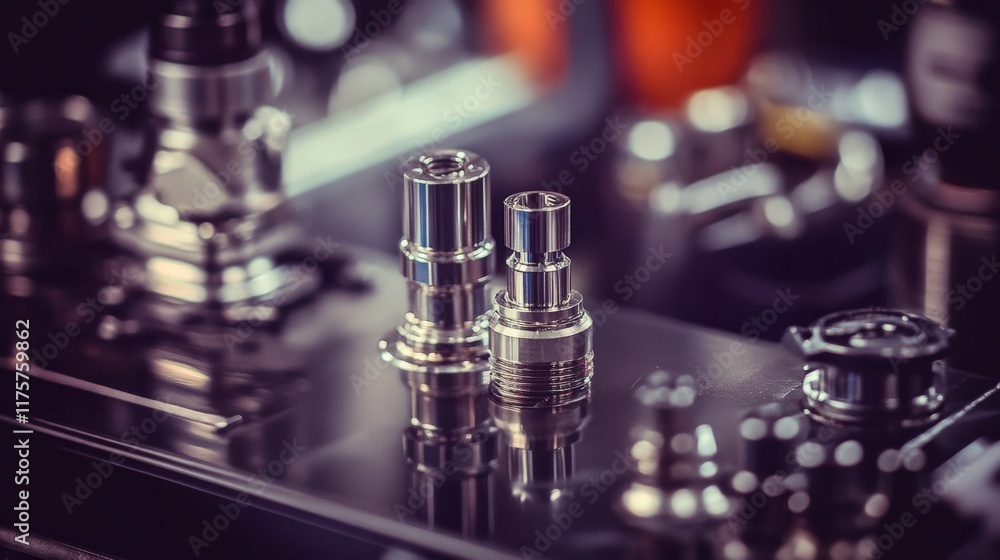 Poster close-up of precision metal components in workshop with gleaming surface reflecting light and intric
