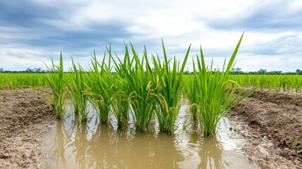 Obraz premium Lush green rice plants growing in a flooded field under cloudy skies.