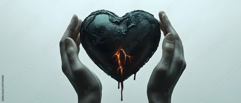 Poster dark broken heart held by two hands symbolizing heartbreak and emotional pain with glowing lightning
