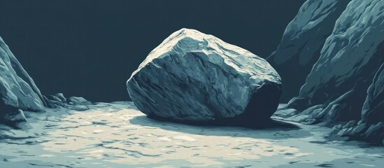 Obraz premium Mystical icy landscape with a massive boulder or rock formation illuminated by the glow of moonlight the scene reflected in the frozen surface of a serene lake or ocean A remote desolate