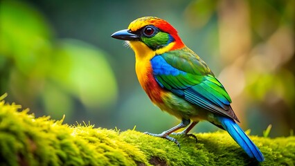 Fototapeta premium A vibrant bird perched on a mossy branch