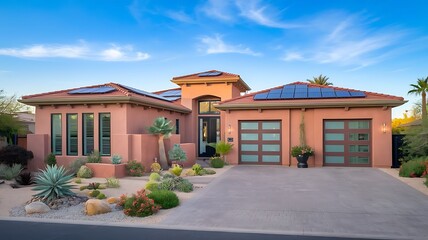 Fototapeta premium Modern Single-Story Desert Home with Terracotta Exterior, Red-Tiled Roof, and Solar Panels Surrounded by Desert Landscaping