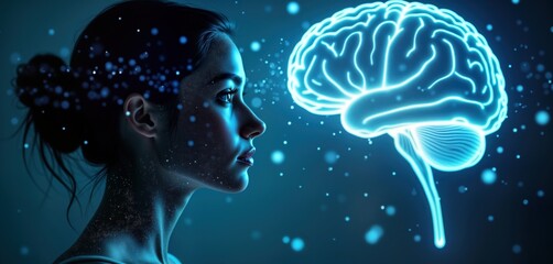 Woman looks at glowing brain illustration. Abstract art style combines person, tech concept. Insightful, conceptual image. Profile view of person with glowing brain design behind. Modern illustration