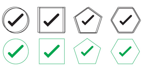 Simple checkmark in a box set with different line width. Correct, approved symbol. Vector icons in flat style 