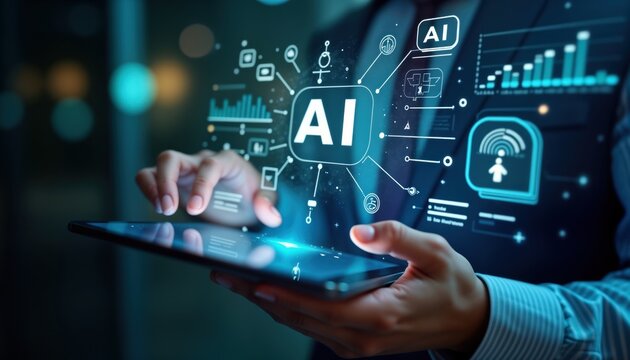 Person uses tablet with AI interface. Interactive digital assistant displayed on device. Concept shows AI tech integration for work support. Person interacts with virtual assistant. AI prompt