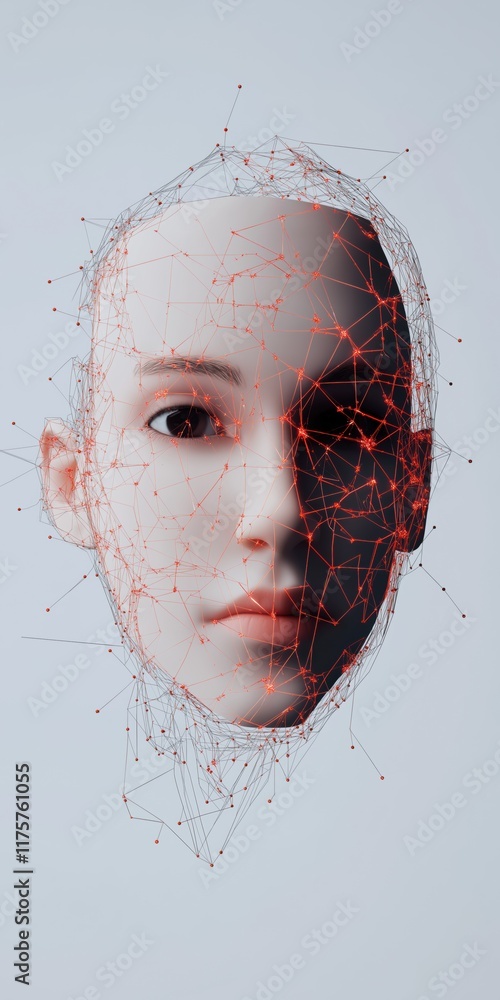 Poster a woman's face is shown in a computer generated image with a lot of red lines. the image has a futur