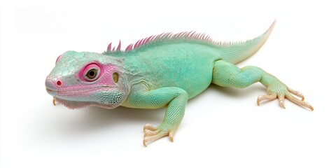 Obraz premium A green lizard with pink spots on its face. The lizard is laying on a white background. The lizard has a pink nose and pink eyes