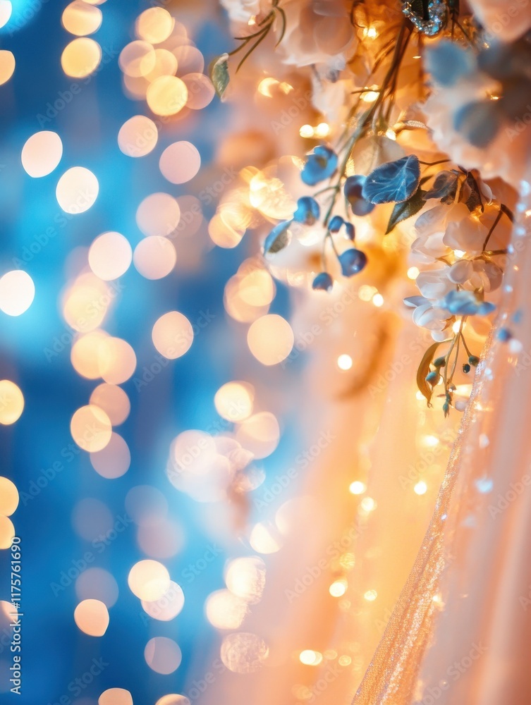 Poster abstract background of bokeh with softly blurred golden and blue lights, creating a magical effect, 
