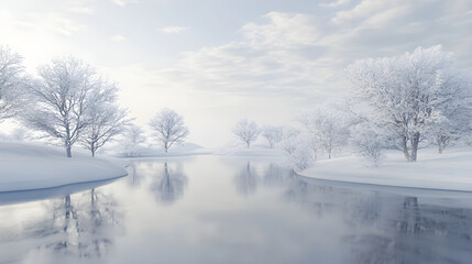 Serene Winter: A Frozen Lake Embraced by Snowy Trees, Nature's Silent Harmony