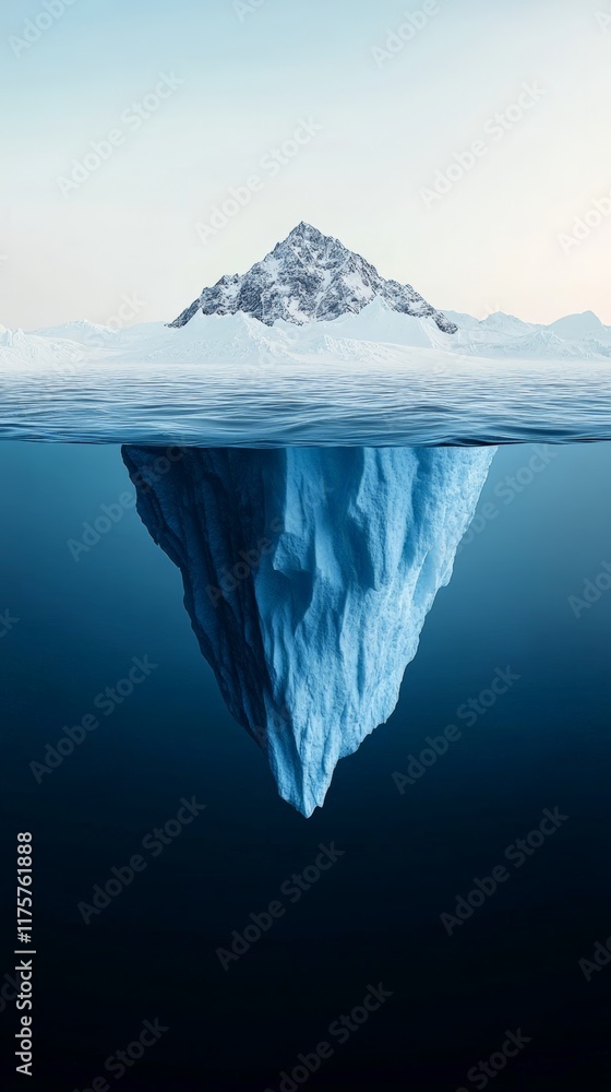 Poster iceberg floating in the ocean with the tip of a snowy mountain visible above the waterline, showcasi