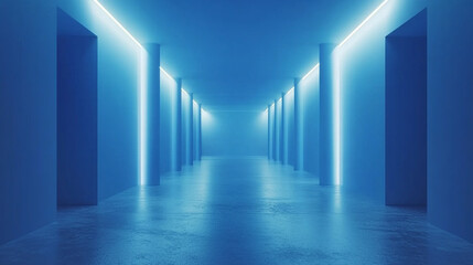 A 3D-rendered futuristic space corridor with glowing lights and reflections creates an abstract atmosphere suggesting sci-fi concepts and chaos, inviting thoughts of exploration and unknown possibilit