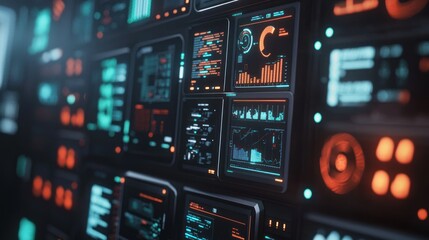 Obraz premium Futuristic Tech Interface: A Wall of Data and Information