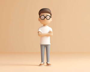 3D Illustration of a Young Boy with Glasses Standing with Arms Crossed on a Minimalist Background